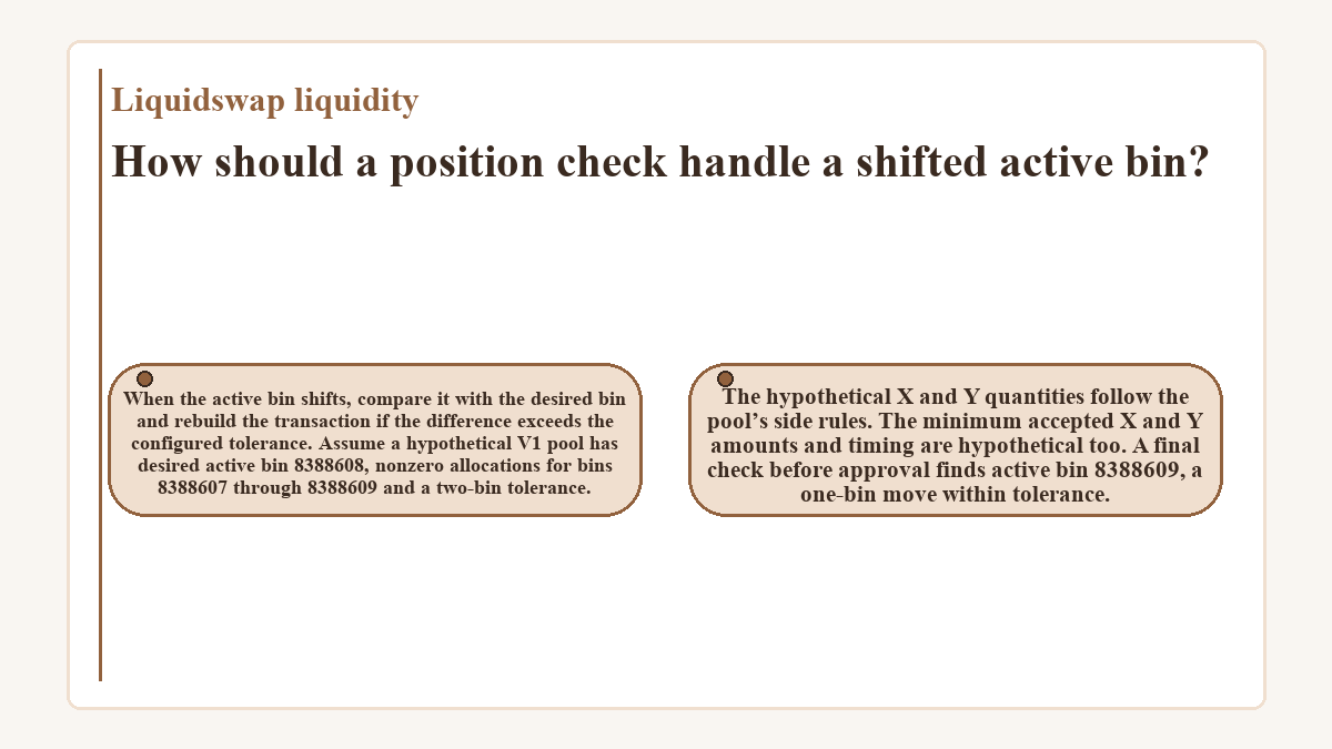 How should a position check handle a shifted active bin?: When the active bin shifts, compare it with the desired bin and rebuild the transaction if the difference exceeds the configured tolerance. Assume a hypothetical V1 pool has desired active bin 8388608, nonzero allocations for bins 8388607 through 8388609 and a two-bin tolerance.; The hypothetical X and Y quantities follow the pool’s side rules. The minimum accepted X and Y amounts and timing are hypothetical too. A final check before approval finds active bin 8388609, a one-bin move within tolerance.